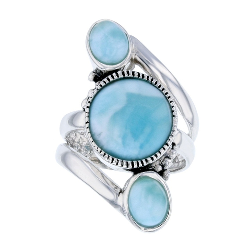 925 Sterling Silver Larimar Round & Oval Shapes Linear Ring 6.2 gm